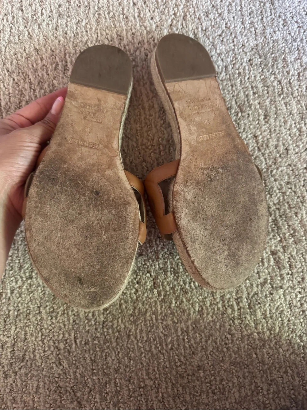 Hermes Brown Leather Espadrille Slide Sandals